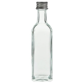 Čtvercová šroubovací sklenice o objemu 60 ml, křišťálově čirá se stříbrným uzávěrem. Uzávěr Čtvercová šroubovací sklenice o objemu 60 ml, křišťálově čirá se stříbrným uzávěrem. Uzávěr
