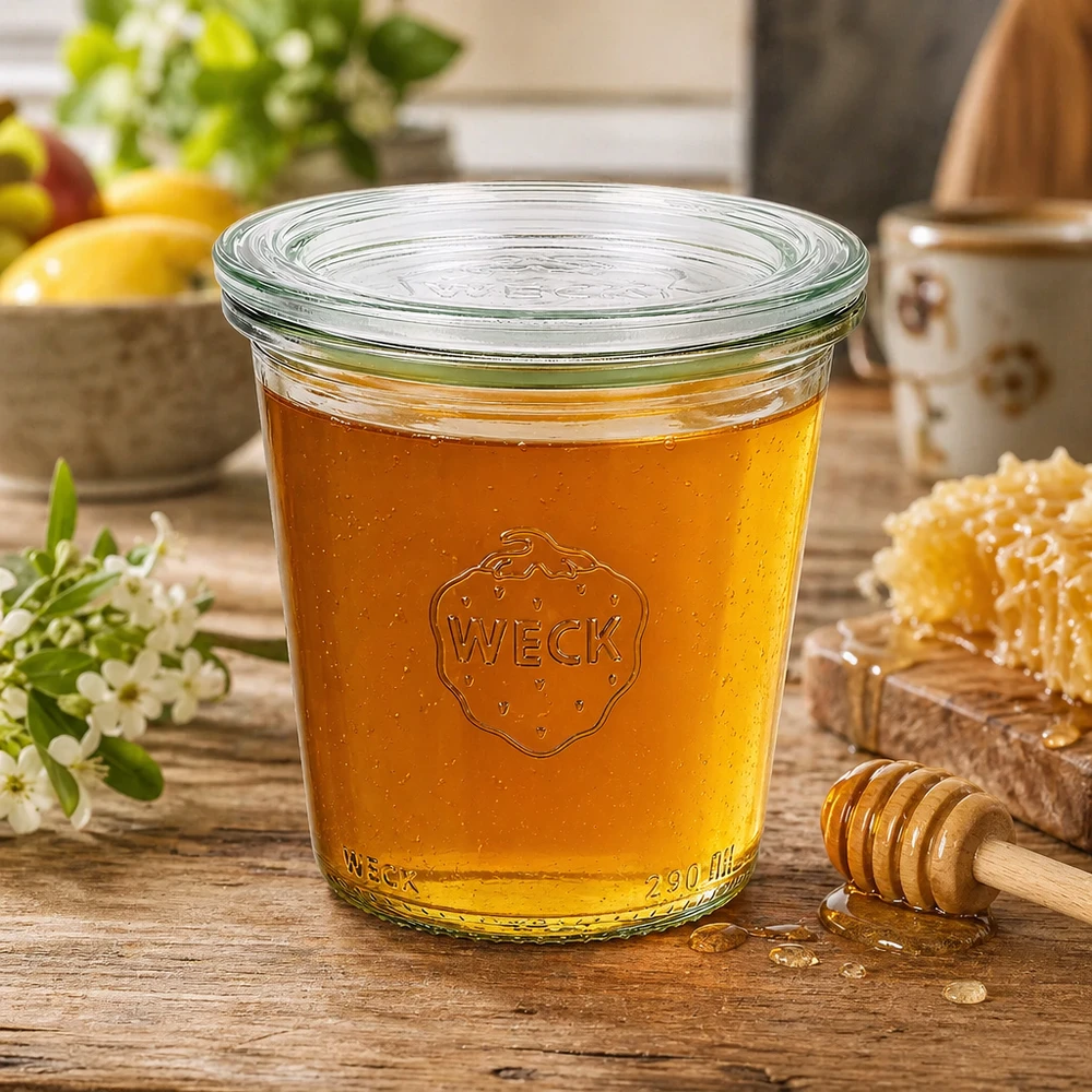 WECK Sturzglas 290ml RR80 mit goldenem Honig befüllt und Honiglöffel als Verwendungsbeispiel im rustikalen Ambiente