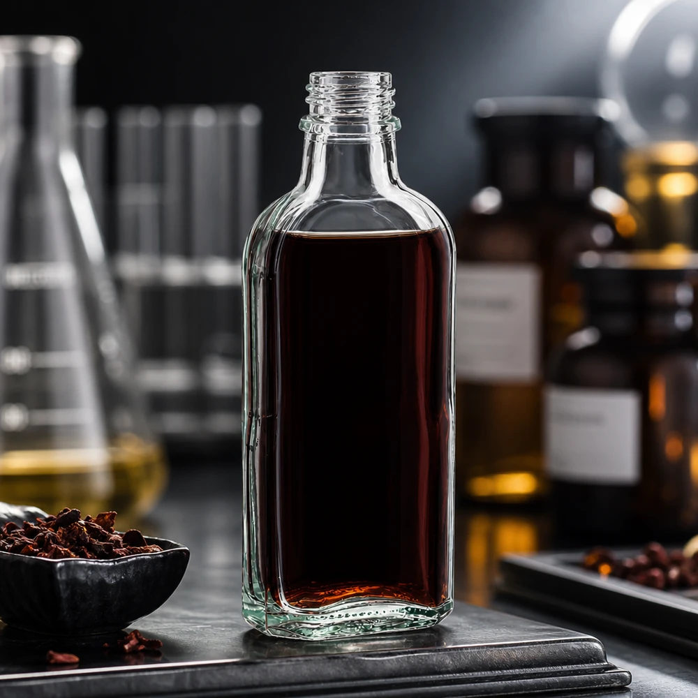 100 ml Flasche klar DIN22 mit dunkelrotem Inhalt zwischen Laborkolben und Reagenzgläsern