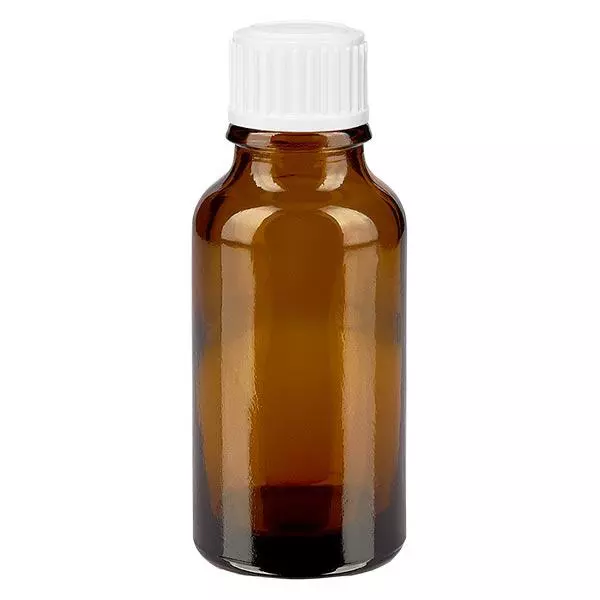 Lékárenská láhev hnědá 20ml šroubovací uzávěr bílý globule standardní Lékárenská láhev hnědá 20ml šroubovací uzávěr bílý globule standardní