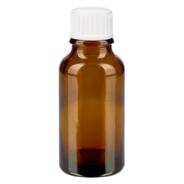 Lékárenská láhev hnědá 20ml šroubovací uzávěr bílý globule standardní Lékárenská láhev hnědá 20ml šroubovací uzávěr bílý globule standardní