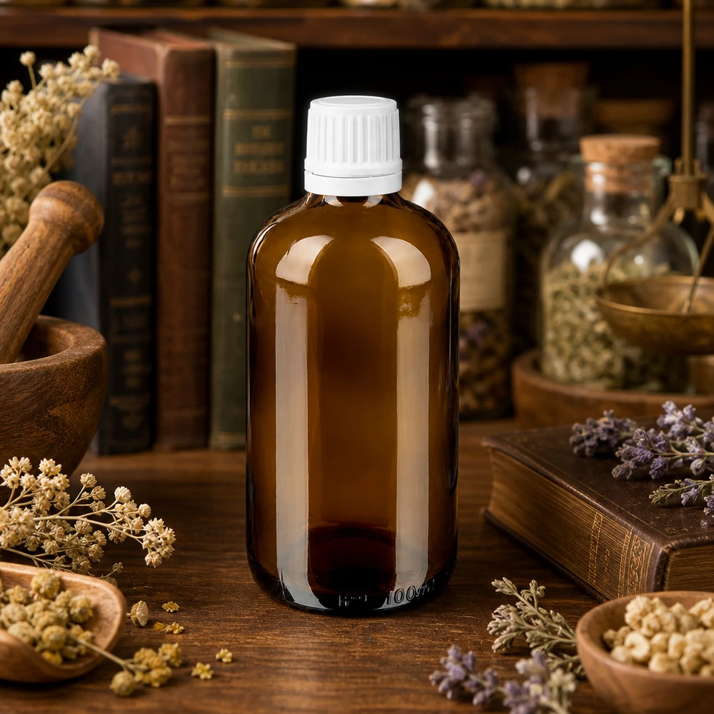 Lékárenská láhev hnědá 100ml šroubovací uzávěr bílý nedotknutelný uzávěr. 100ml Apothekerflasche Braunglas mit weißem OV zwischen Lavendel Kamille und Kräutern