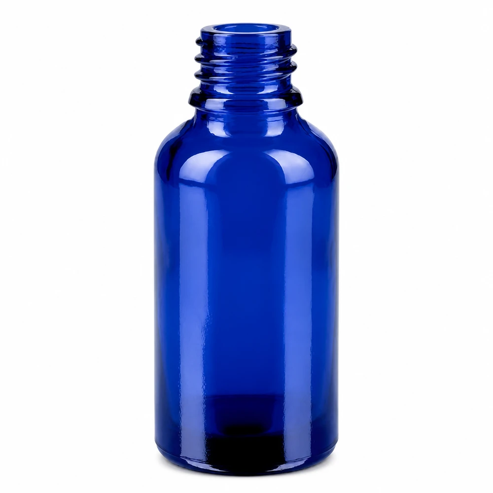 30ml láhev 11mm šroubovací uzávěr bílá standardní dětská odolná BlueLine UT18/30 Kompakte 30ml Blauglasflasche mit weiter Öffnung für einfaches Befüllen und Entleeren