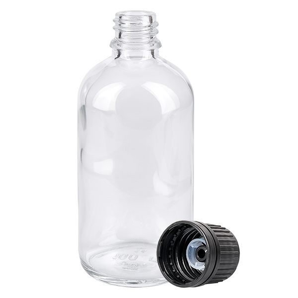 100ml globulová láhev 8mm nalévací kroužek černý standardní uzávěr ClearLine UT18/1 Offene 100ml Klarglasflasche mit breitem Schulterbereich und separatem schwarzen Schraubverschluss 18GR