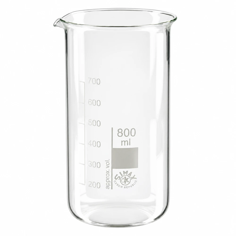 Kádinka 800ml z borosilikátového skla, vysoký tvar Klares Laborglas 800ml hohe Ausführung mit Volumenskala 200 bis 700ml aus Borosilikatglas