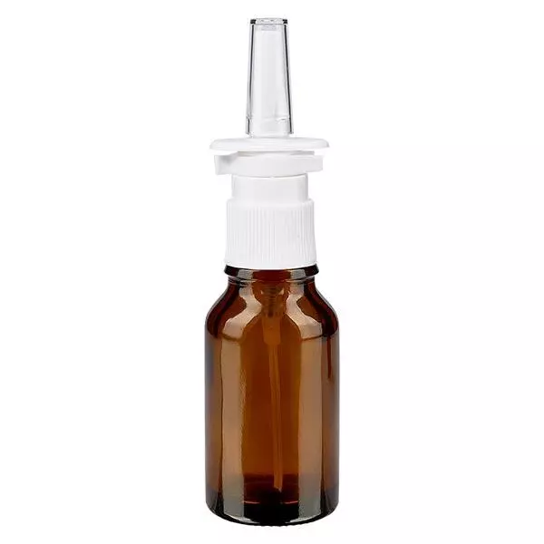 Lékárenská lahvička hnědá 15ml nosní rozprašovač bílá standardní Lékárenská lahvička hnědá 15ml nosní rozprašovač bílá standardní