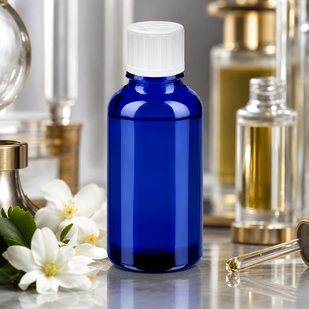 30ml láhev 11mm šroubovací uzávěr bílá standardní dětská odolná BlueLine UT18/30 Stilvolle 30ml Blauglasflasche mit praktischem Verschlusssystem für Aromatherapie-Mischungen