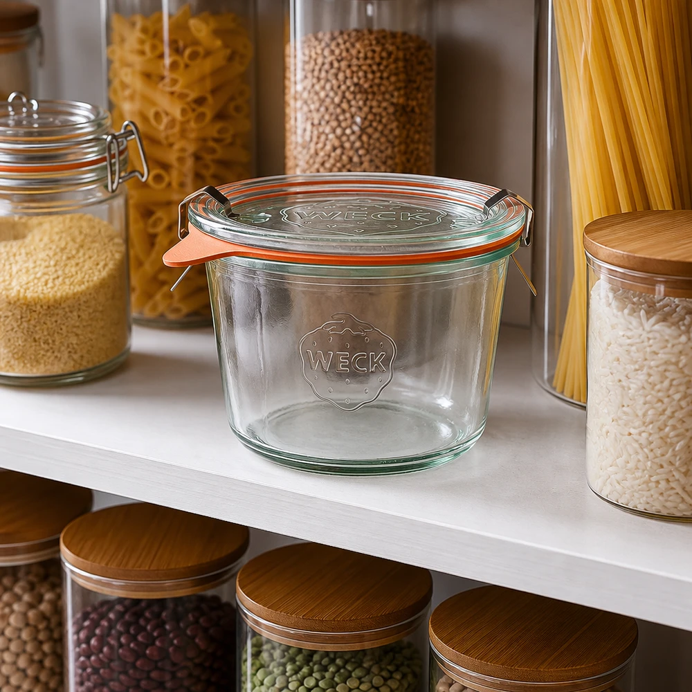 WECK Sturzglas 370ml RR100 leer in organisierter Vorratskammer neben gefüllten Gläsern mit Pasta und Hülsenfrüchten