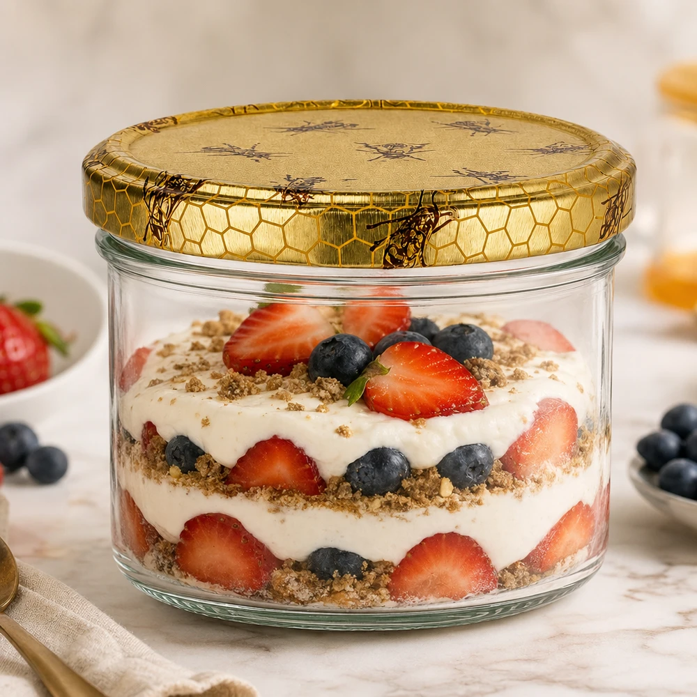 300g Honigglas als Vorratsdose für Dessert mit Beeren und Joghurt, vielseitig verwendbarer Glasbehälter