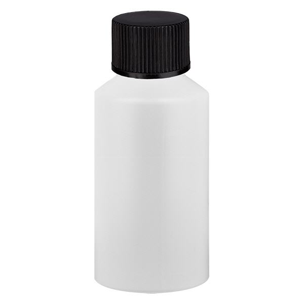 Lékárenská láhev HDPE 50ml bílá, s černým šroubovacím uzávěrem Lékárenská láhev HDPE 50ml bílá, s černým šroubovacím uzávěrem