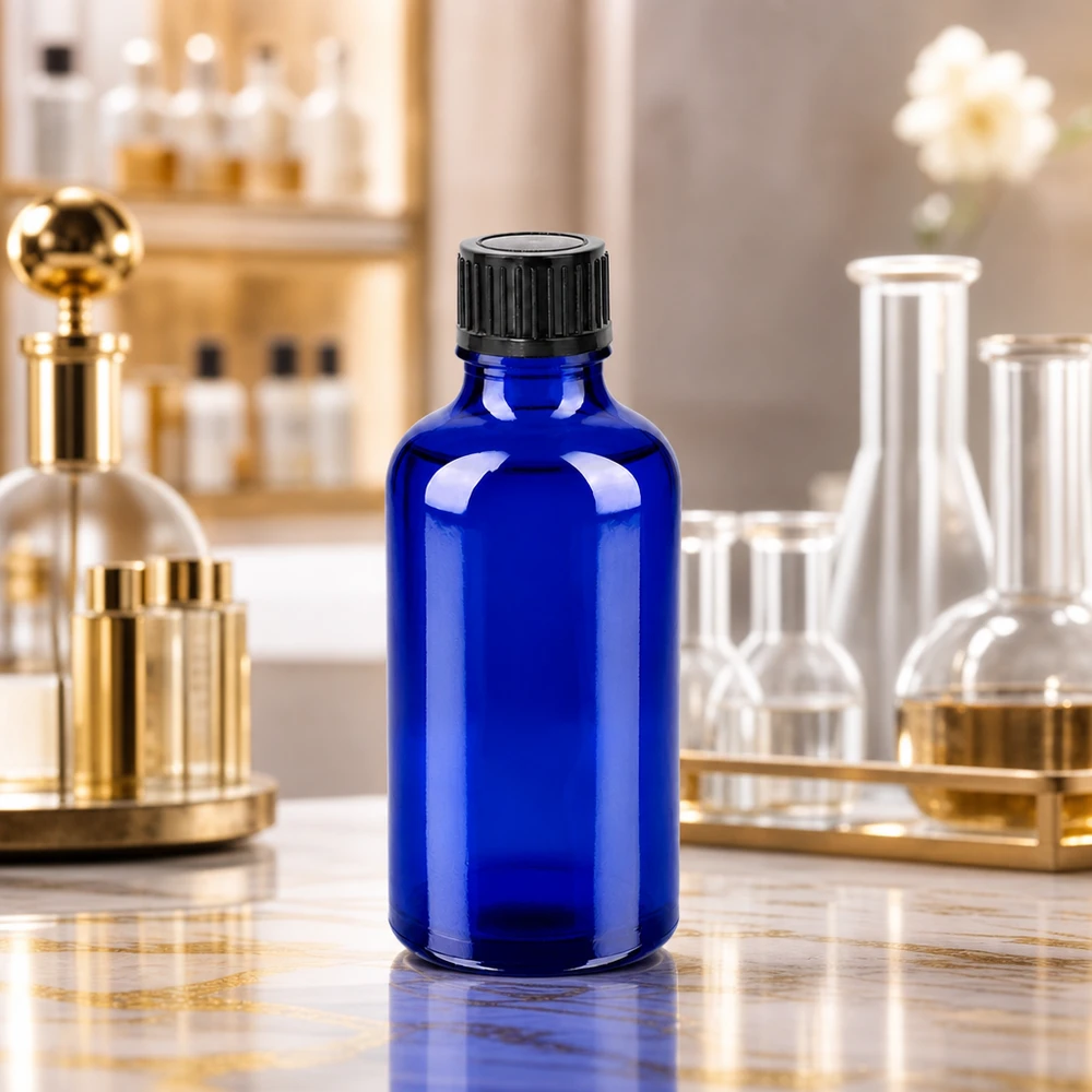 Premium Glasflasche 50ml mit lichtschützendem Kobaltblau ideal für empfindliche Wirkstoffe und Seren