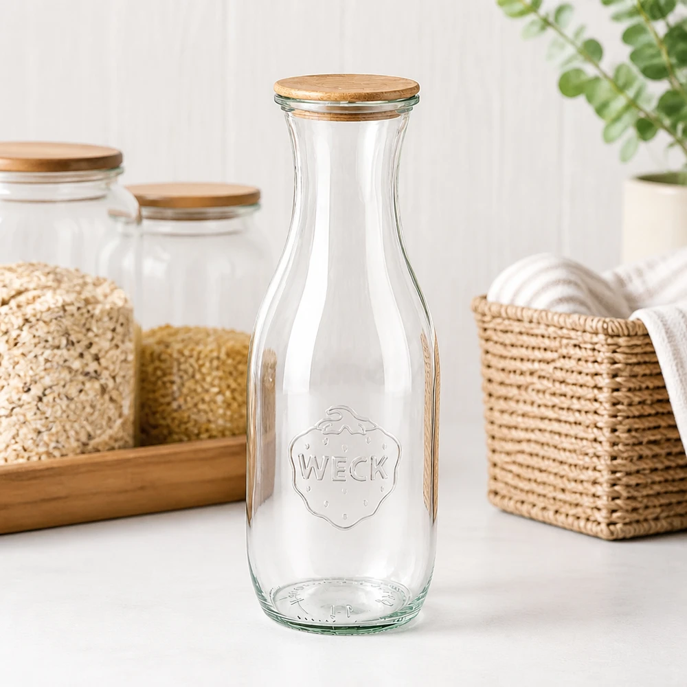 WECK Saftflasche 1062ml RR60 leer mit Holzdeckel auf Küchentheke neben Korbwaren und Vorratsgläsern mit Getreide