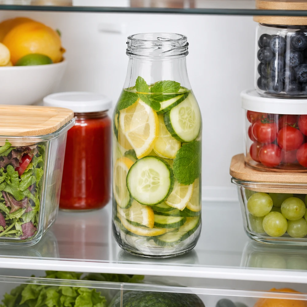 Láhev o objemu 263 ml bez víčka (TO43) UNiTWIST UNiTWIST Bottle263 Glasflasche 263ml mit Gurken Zitrone Minze Infused Water im Kühlschrank TO43 Verschluss