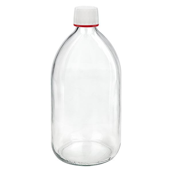 1000ml lahvička na léky čirá, uzávěr bílý s tamper-evidentním kroužkem červená ApoGlas 1000ml lahvička na léky čirá, uzávěr bílý s tamper-evidentním kroužkem červená ApoGlas