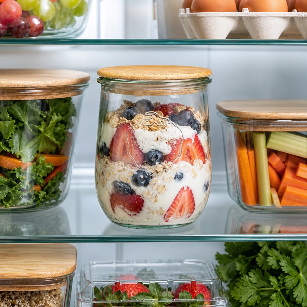 1062ml Dóza na tulipány WECK RR100 s dřevěným víčkem. WECK Tulpenglas RR100 1062ml mit Holzdeckel im Kühlschrank gefüllt mit Joghurt Beeren Müsli als gesunde Meal Prep