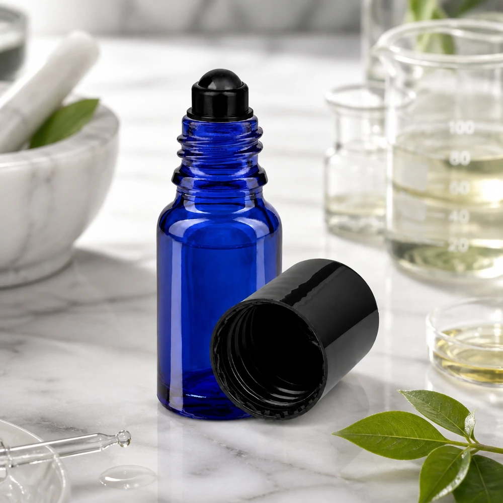 Lékárenská lahvička modrá 10ml roll-on černá uzávěr Blaue 10ml Glasrollerflasche mit schwarzer Kugel für Parfum und Öle auf weißer Marmoroberfläche