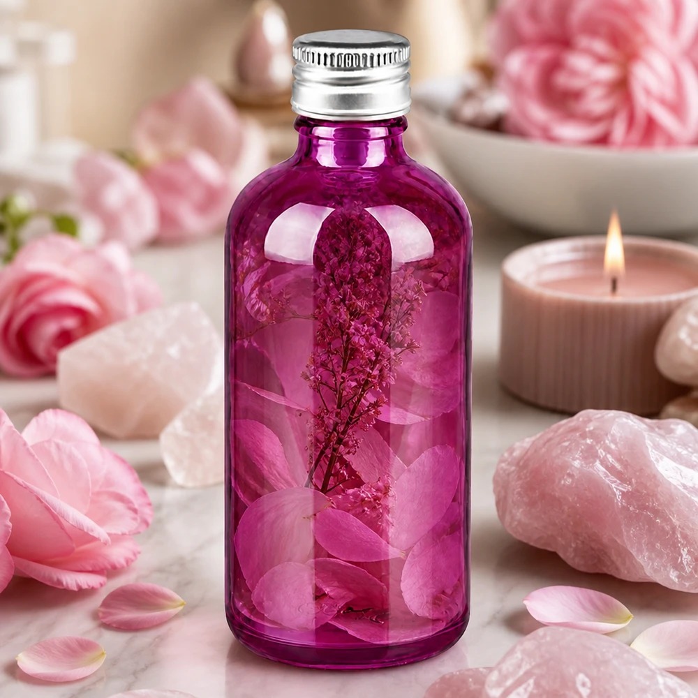 Lahvička o objemu 100 ml. Hliníkovo-stříbrný šroubovací uzávěr o průměru 11 mm standardní PurpleLine. UT18/100 Robuste 100ml Glasflasche in leuchtendem Purple mit korrosionsbeständigem Aluminiumverschluss