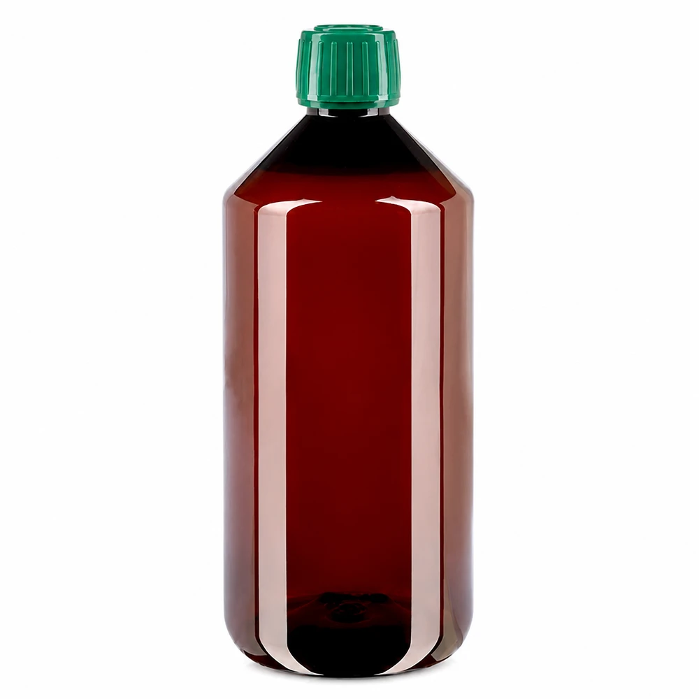 PET láhev 1000ml se zeleným uzávěrem, který je odolný proti manipulaci. PET láhev 1000 ml, hnědá, se zeleným originálním uzávěrem pro farmaceutické účely