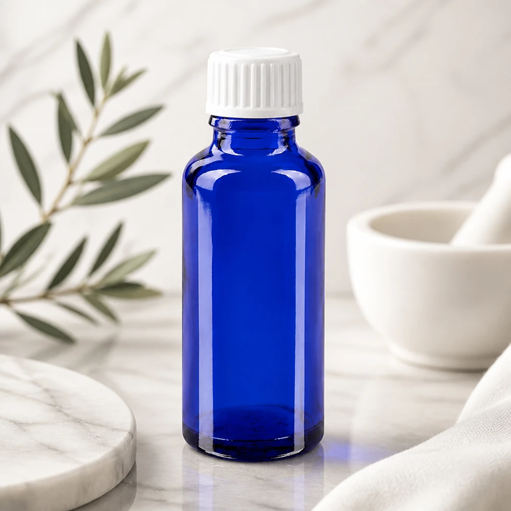 Lékárenská lahvička modrá 30ml šroubovací uzávěr bílý globule standardní Blaue Glasflasche 30ml für ätherische Öle Tinkturen und Pharmazeutika mit Tropfverschluss