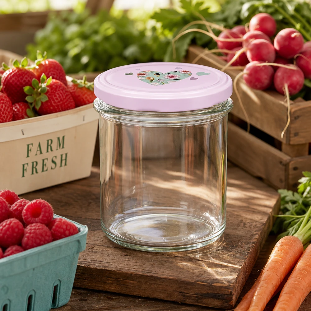 350ml kelímky + víčko BasicSeal srdíčková růžová UNiTWIST 350ml Sturzglas rosa Herzdeckel zwischen frischem Gemüse Obst Radieschen Erdbeeren Farm Fresh nachhaltige Aufbewahrung