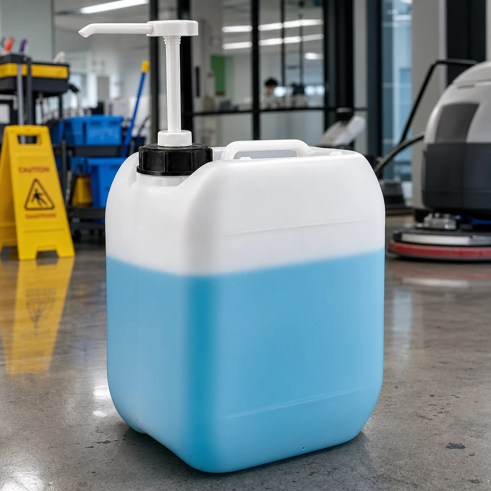 Kanystr 5 litrů s dávkovacím čerpadlem Quadratischer 5 Liter Kanister mit Schraubverschluss und Pumpaufsatz in gewerblicher Reinigungsumgebung