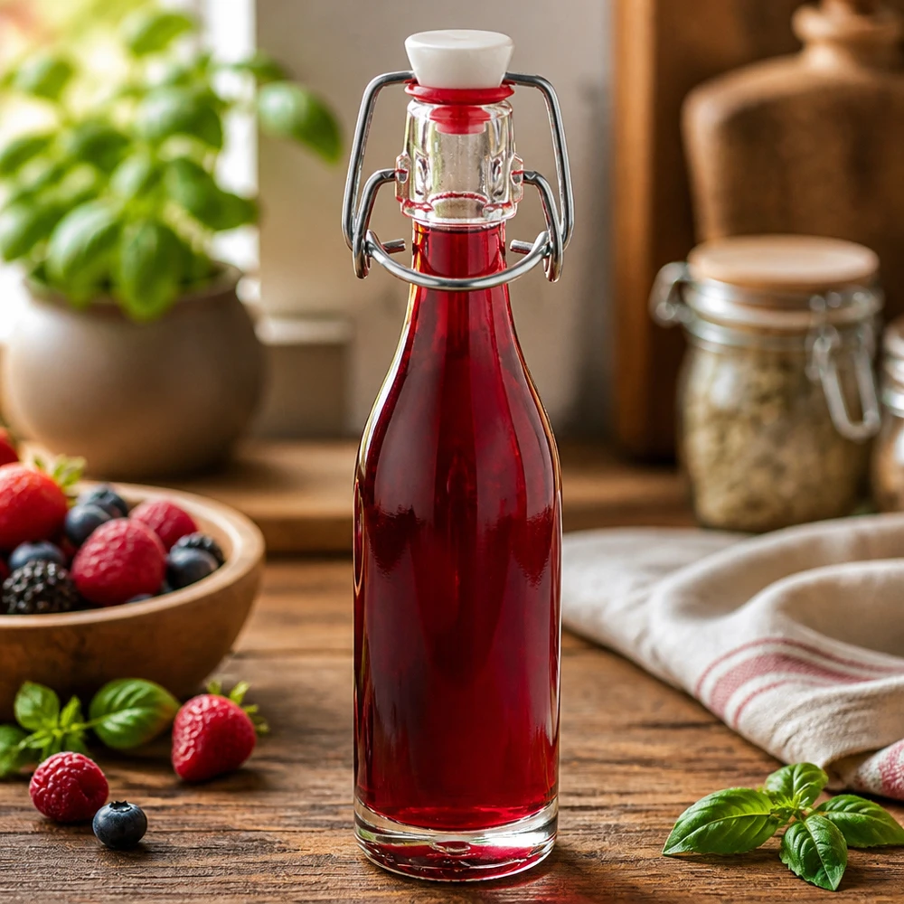 Skleněná láhev o objemu 50 ml + výkyvný vršek z PVC UNiTWIST. 50ml Glasflasche mit Bügelverschluss gefüllt mit rotem Beerensaft umgeben von frischen Erdbeeren und Blaubeeren