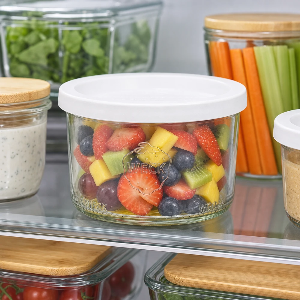 WECK Sturzglas 200ml RR80 mit Obstsalat im Kühlschrank für Meal Prep und gesunde Snacks aufbewahrt
