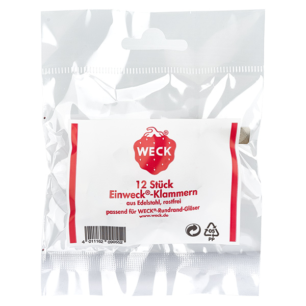 Svorky Original WECK (balení s 12 kusy) WECK Einweck-Klammern 12 Stück Edelstahl rostfrei für Rundrand-Gläser Original Produktverpackung