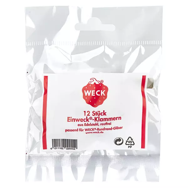 Svorky Original WECK (balení s 12 kusy) WECK Einweck-Klammern 12 Stück Edelstahl rostfrei für Rundrand-Gläser Original Produktverpackung