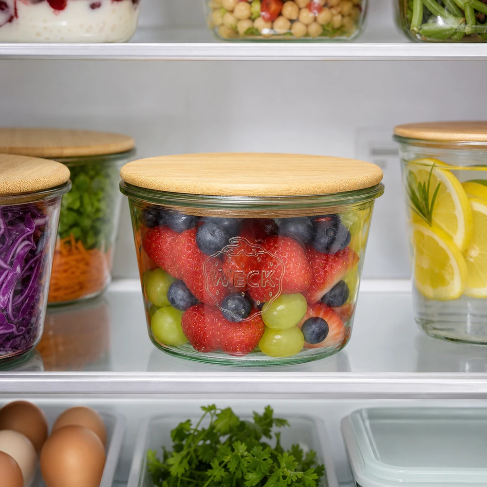 WECK RR100 Sturzglas 370ml mit Bambusdeckel im Kühlschrank gefüllt mit frischem Obst - Erdbeeren Heidelbeeren Weintraube
