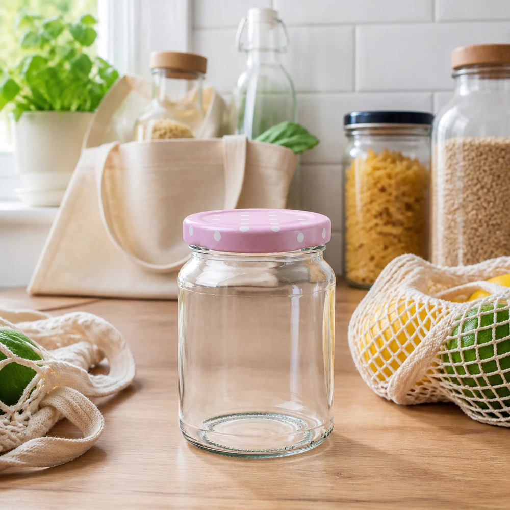 205ml kulatá sklenice + víčko BasicSeal s tečkami růžové UNiTWIST Leeres 205ml Rundglas mit rosa Punktedeckel in nachhaltiger Zero-Waste Küche mit Vorratsgläsern und Einkaufsnetz