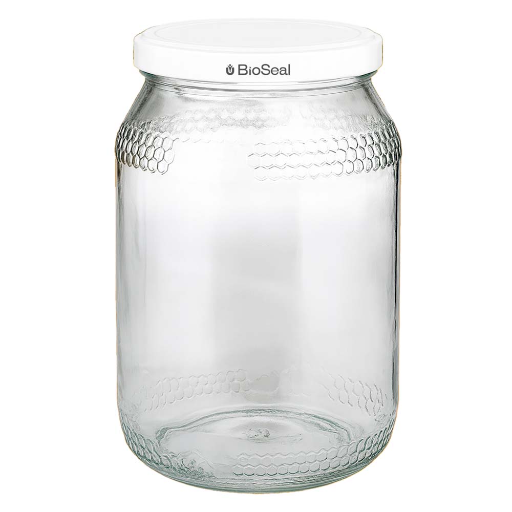 1260g Honigglas + BioSeal Deckel weiß UNiTWIST 900ml Honigglas mit weißem BioSeal Deckel UNiTWIST leeres Glasgefäß für Honig mit Wabenmuster