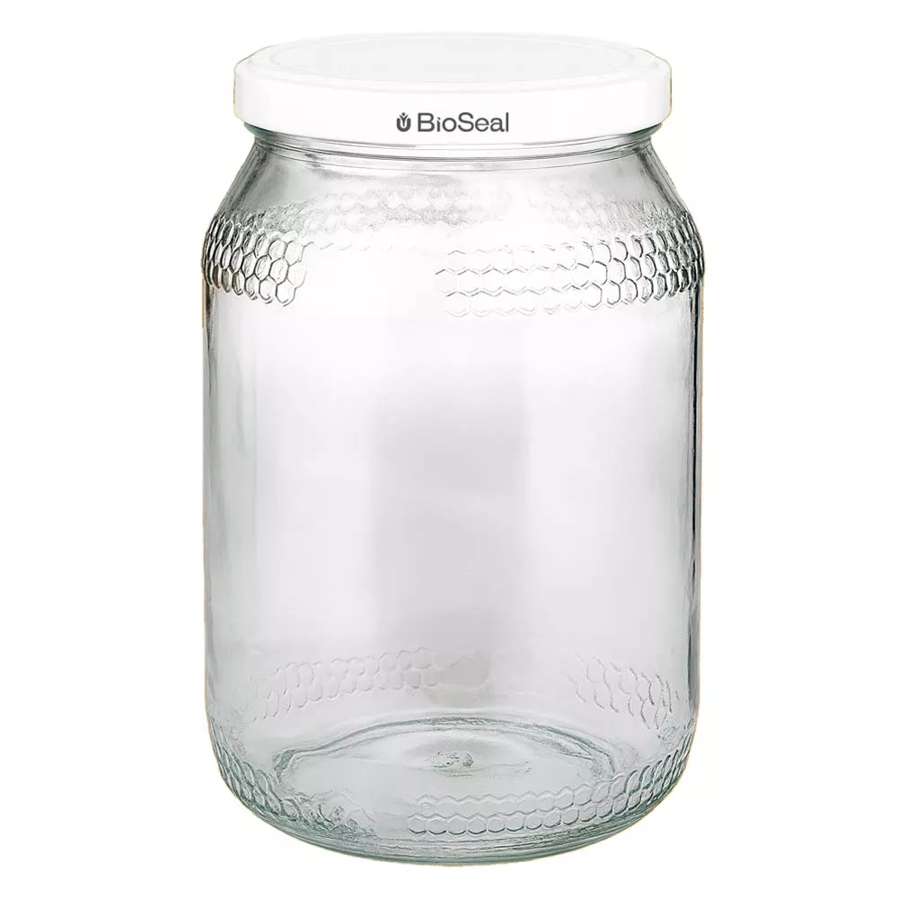 900ml Honigglas mit weißem BioSeal Deckel UNiTWIST leeres Glasgefäß für Honig mit Wabenmuster