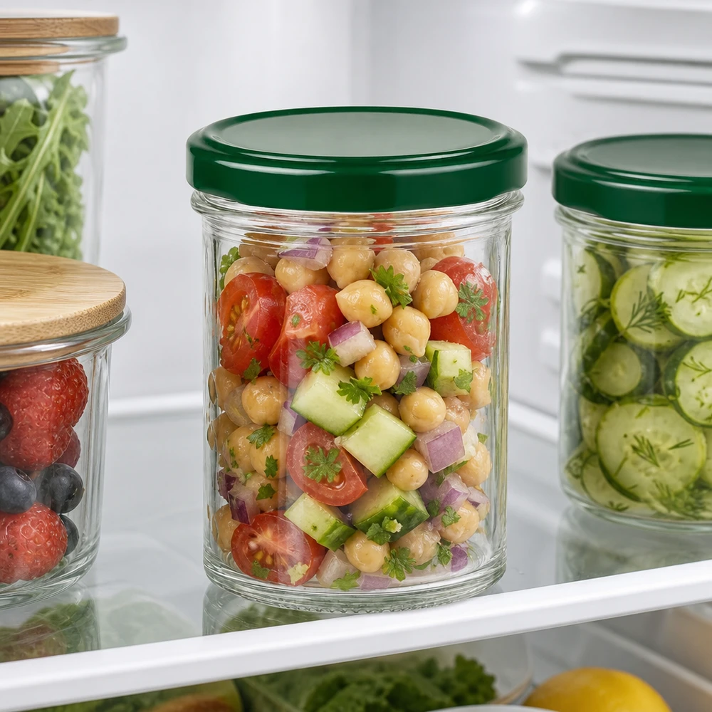 350ml tumblery + víčko BasicSeal zelené UNiTWIST 350ml Sturzglas grün im Kühlschrank mit Kichererbsensalat gefüllt zeigt praktische Aufbewahrung von Lebensmitteln