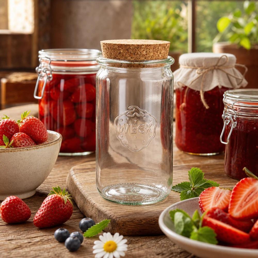 340ml válcová sklenice WECK RR60 s korkem přírodní WECK 340ml Zylinderglas RR60 mit Korken natur im Küchenambiente mit frischen Erdbeeren und Einmachgläsern dekoriert