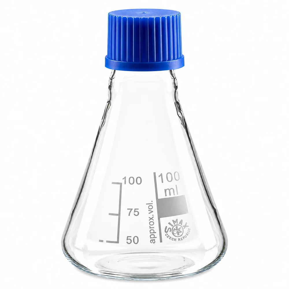 Erlenmeyerova baňka 100ml se šroubovacím uzávěrem Transparenter Glaskolben 100ml mit Volumenmarkierung und blauem Deckel für genaue Dosierung
