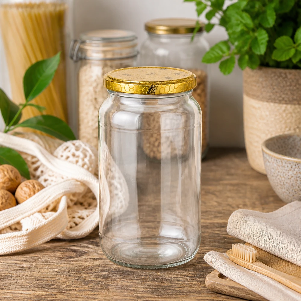 1062ml Rundglas leer auf Holztisch mit nachhaltigen Küchenutensilien Bambuszahnbürsten Jutebeutel Zero-Waste-Lifestyle