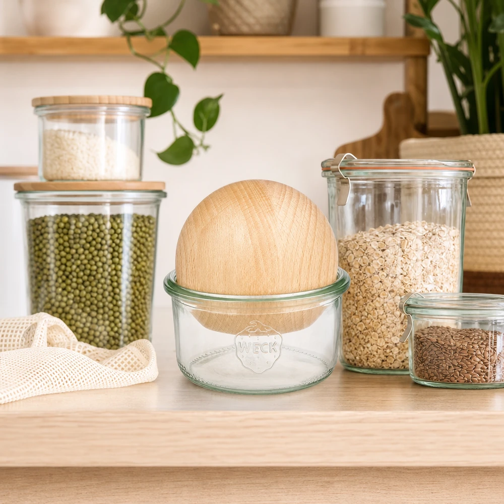Skleněná nádoba 165ml WECK RR80 s dřevěnou kuličkou buk. WECK Sturzglas 165ml RR80 mit Buchenkugel-Deckel in nachhaltiger Zero-Waste-Küche neben Vorratscontainern