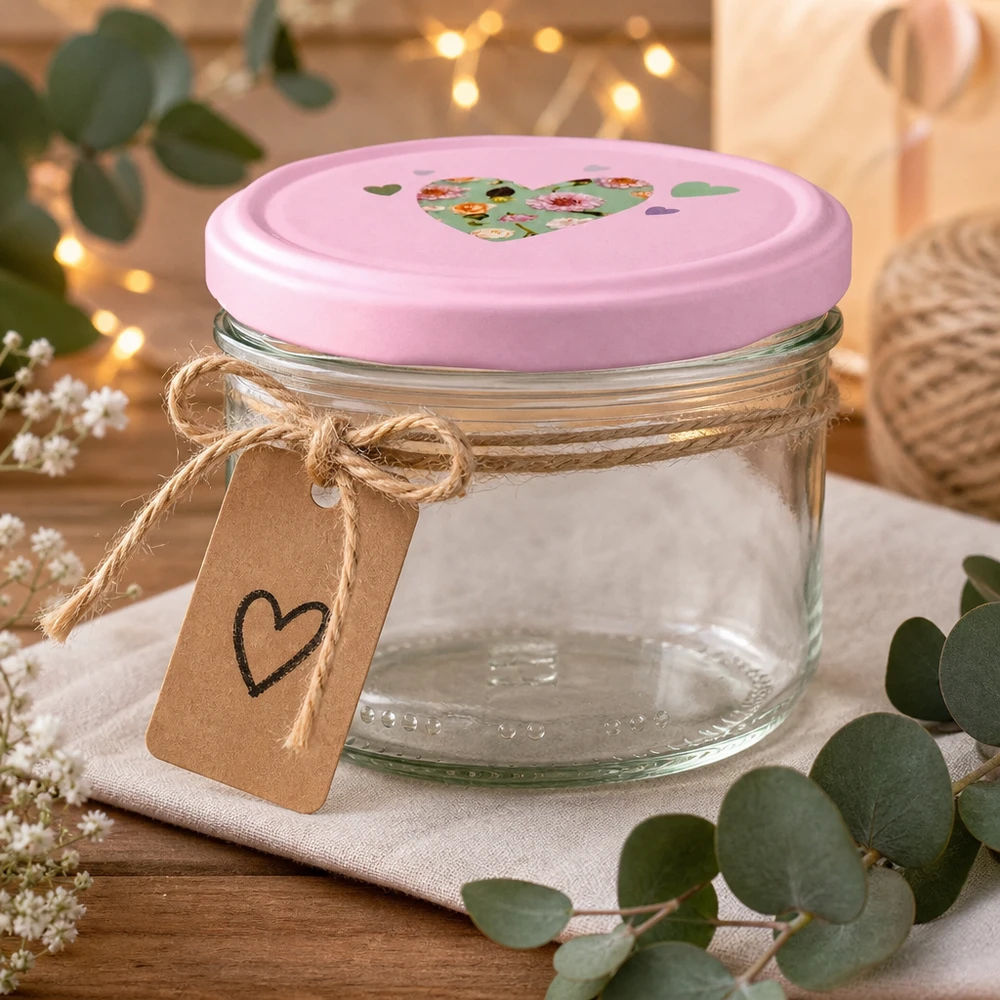 230ml Zylinderglas mit rosa Herz-Deckel dekorativ arrangiert mit Juteband, Anhänger und Eucalyptus als Geschenkidee