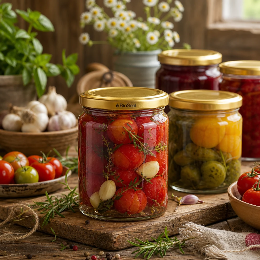 Kulatá nádoba o objemu 408 ml se zlatým víkem UNiTWIST BioSeal. UNiTWIST Runda408 Glas mit TO82 BioSeal Deckel beim Einkochen von Tomaten und Gemüse in rustikaler Küche
