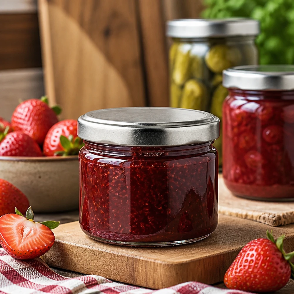 540ml kulatá sklenice + víčko BasicSeal stříbrné matné UNiTWIST 540ml Rundglas mit silbernem Deckel für Marmelade und Konfitüre, Einmachglas mit Erdbeeren auf Holztisch