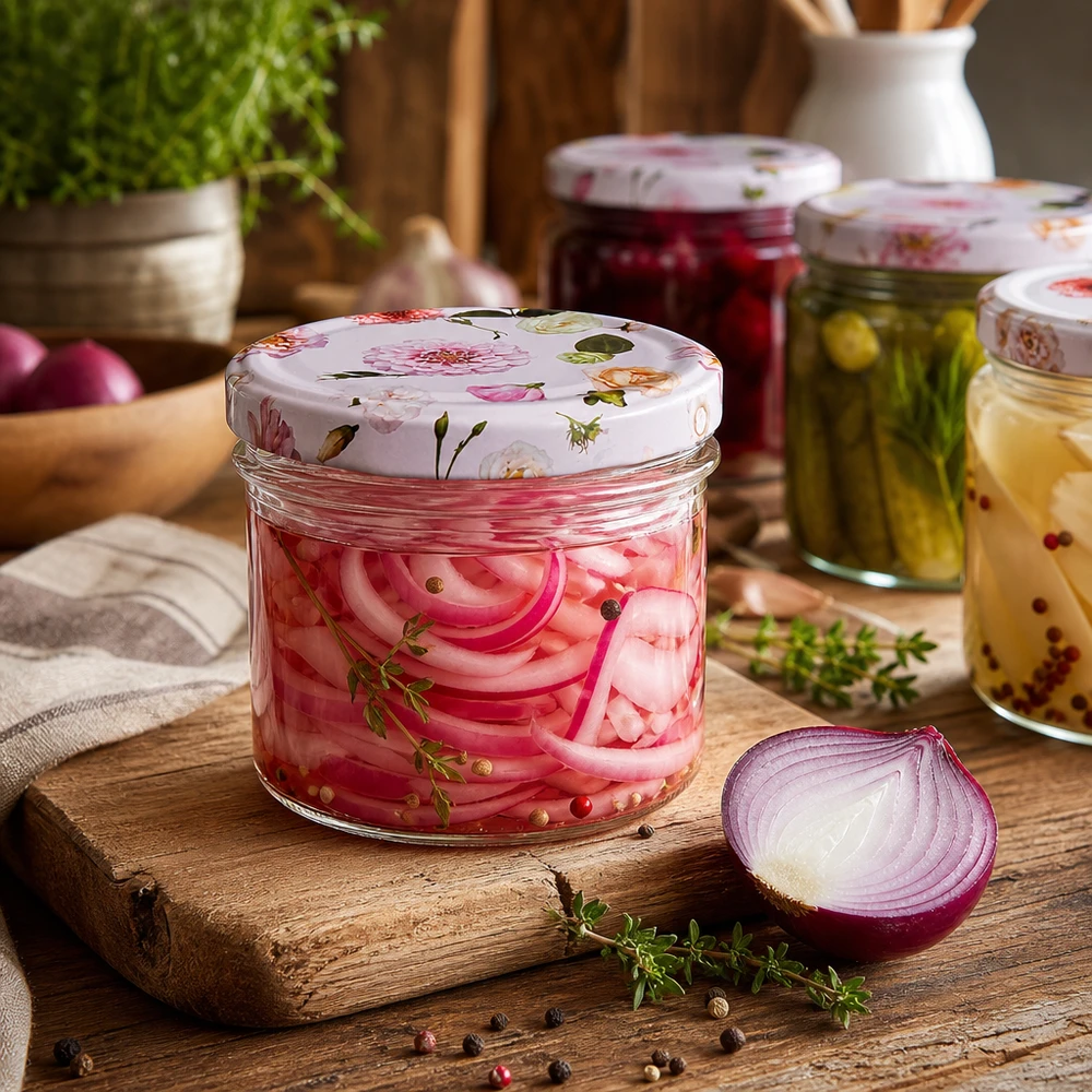 225ml kelímky + víčko BasicSeal flower pink UNiTWIST Eingelegte rote Zwiebeln in 225ml Sturzglas mit rosa Blumen BasicSeal Deckel - Fermentation und Gemüsekonservierung