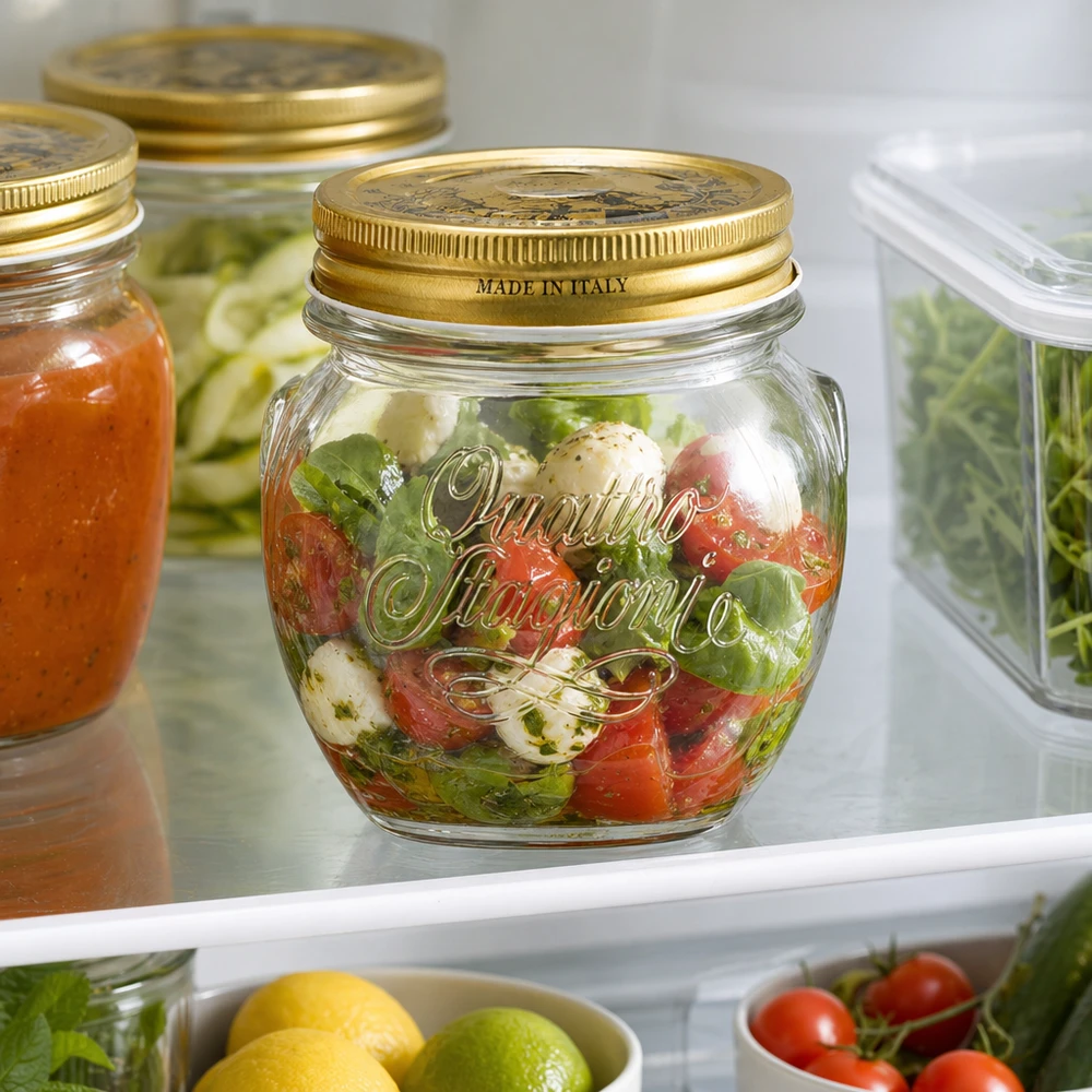 300ml kulatá sklenice "Quattro Stagioni" s víčkem 300ml Rundglas Quattro Stagioni mit goldenem Deckel gefüllt mit Caprese-Salat im Kühlschrank Made in Italy