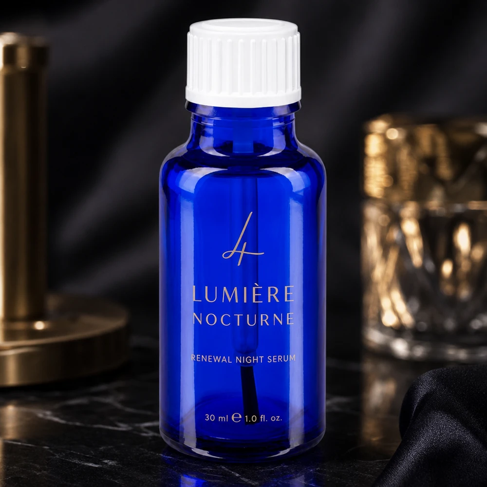 Lékárenská láhev modrá 20ml šroubovací uzávěr bílá štětka Kleine 20ml Flasche aus kobaltblauem Apothekerglas mit weißem Pinselverschluss Kosmetik