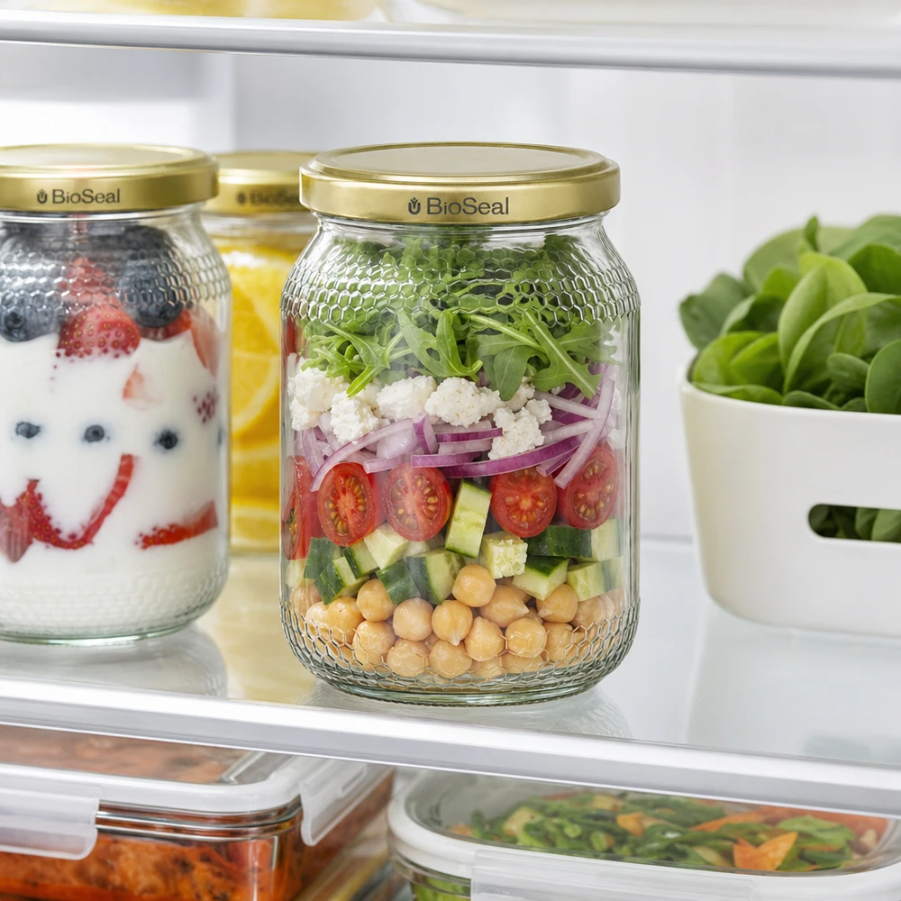 1260g Honigglas + BioSeal Deckel gold UNiTWIST 900ml Honigglas BioSeal Deckel gold Kühlschrank Meal Prep Salat Schichtglas Kichererbsen Tomaten Vorratshaltung
