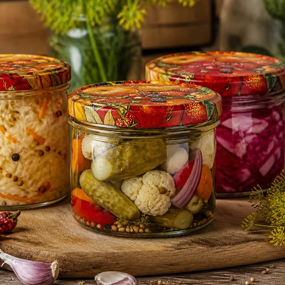 225ml kelímky + víčko BasicSeal s dekorem ovoce UNiTWIST 225ml Sturzglas Obst-Dekor mit eingelegtem Mischgemüse, Einmachglas für Pickles und fermentierte Konserven