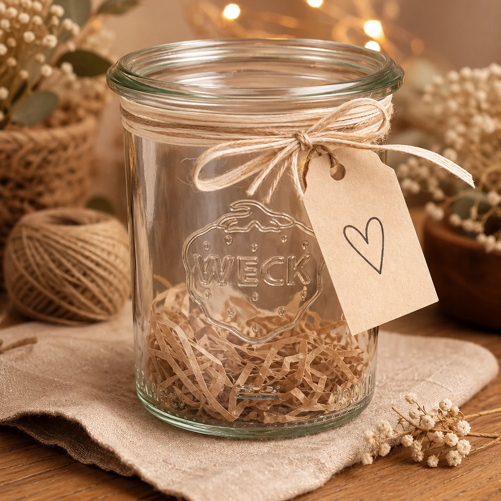 160ml zavařovací sklenice WECK RR60 s dřevěným dřevem 160ml Sturzglas WECK RR60 mit Herzanhänger und Bastschnur als Geschenkverpackung auf Holztisch dekoriert