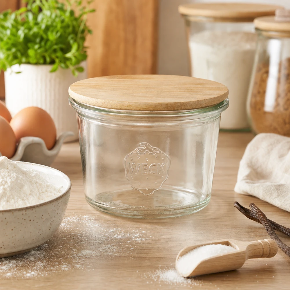 35ml mini zavařovací sklenice WECK RR40 s dřevěným víčkem WECK Mini Sturzglas 35ml RR40 mit Bambus Holzdeckel in moderner Küche zwischen Backzutaten Mehl und Eiern