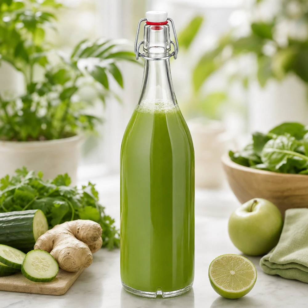 Skleněná láhev o objemu 1000 ml + otočný porcelánový vršek UNiTWIST 1000ml Glasflasche mit Bügelverschluss gefüllt mit grünem Saft umgeben von frischen Zutaten wie Gurke Ingwer