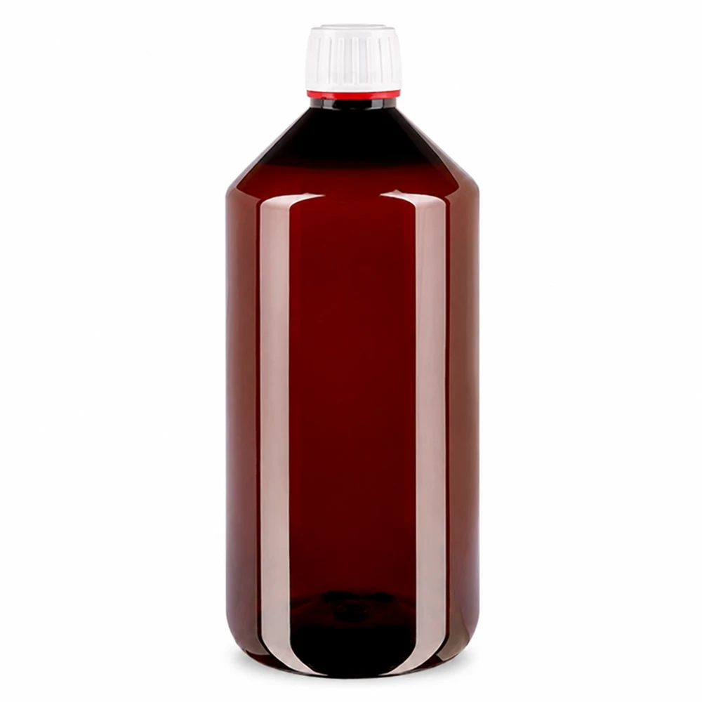 PET láhev 1000ml s bílým/červeným uzávěrem s ochranou proti manipulaci. PET láhev 1000 ml, hnědá, s bílým a červeným originálním uzávěrem OV z průhledného plastu